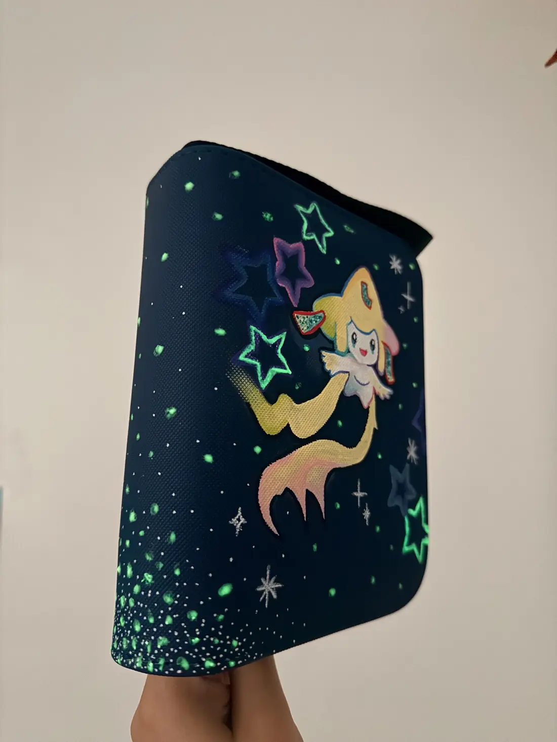 Custom handpainted glow in the dark Jirachi Pokémon binder