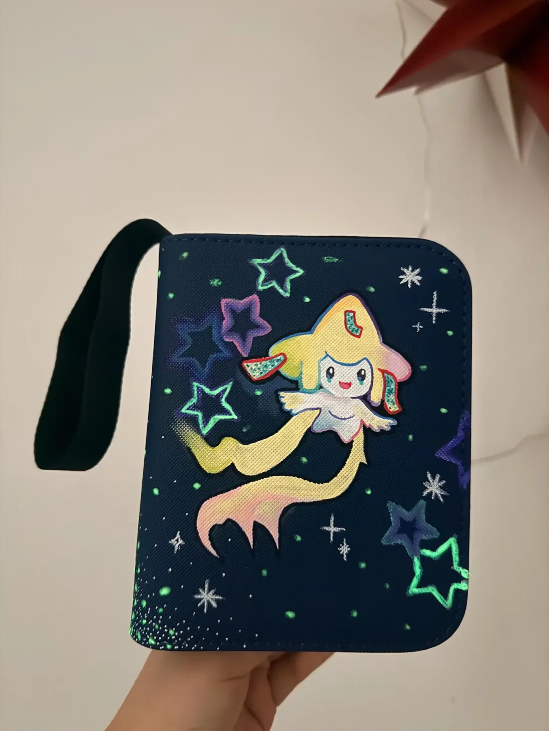 Custom handpainted glow in the dark Jirachi Pokémon binder
